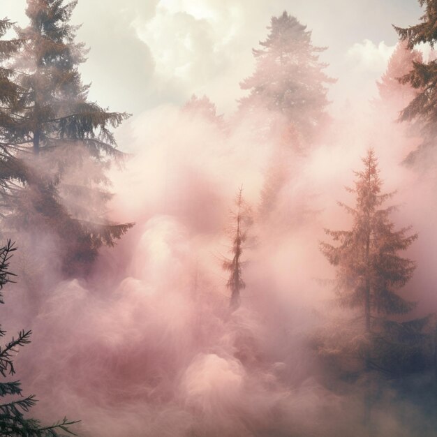 foto en color de un bosque místico envuelto en un suave manto rosado