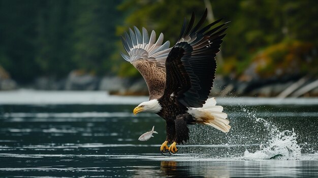 Foto una foto en color de neón generada por la ia un águila calva que atrapa un pez en la superficie del agua del mar