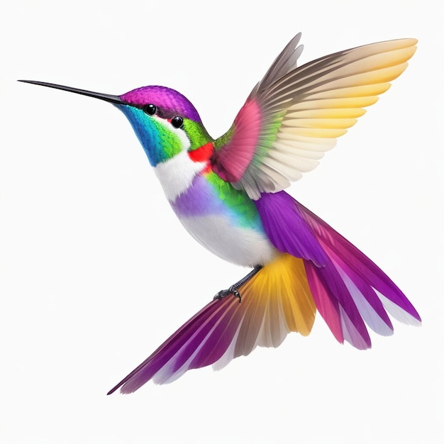 Foto colorida de un colibrí con fondo blanco.