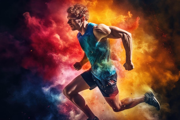 Foto colorida de dupla exposição heróica de um corredor sueco masculino bem treinado correndo rapidamente