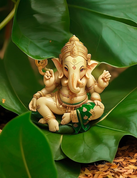 Foto colorida de Ganesh na folha verde