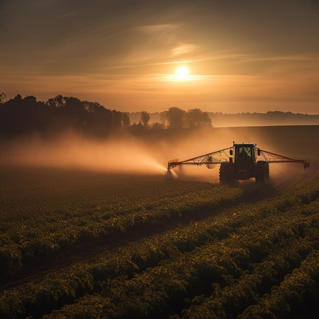 Foto colorida de um trator pulverizando pesticidas em um campo de soja