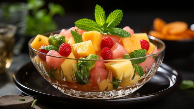 Foto de una colorida ensalada de frutas con rodajas de sandía, melón, melón y piña