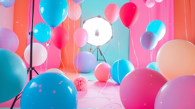 Una foto colorida y festiva de una habitación llena de globos