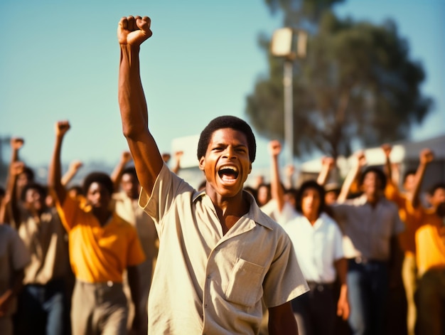 Foto colorida histórica de um homem liderando um protesto