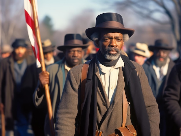 Foto colorida histórica de um homem liderando um protesto