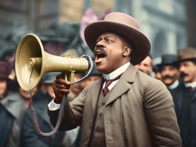 Foto colorida histórica de um homem liderando um protesto