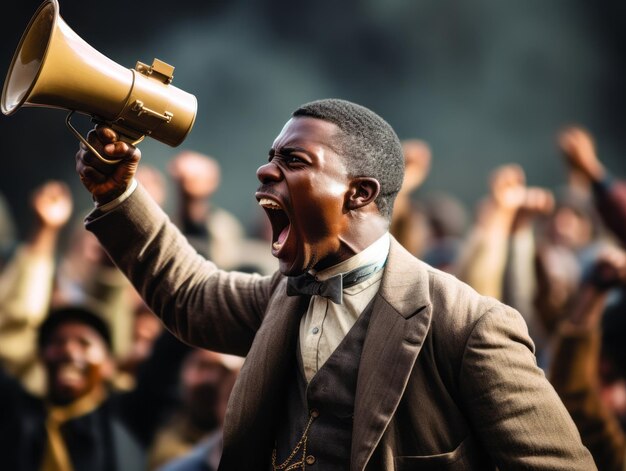 Foto colorida histórica de um homem liderando um protesto