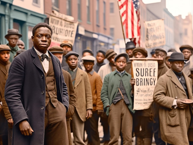 Foto colorida histórica de um homem liderando um protesto