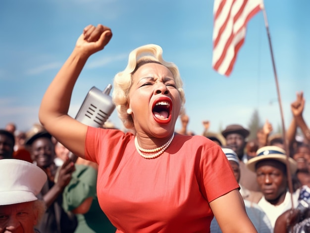 Foto foto colorida histórica de uma mulher liderando um protesto