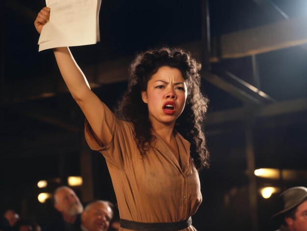 Foto foto colorida histórica de uma mulher liderando um protesto