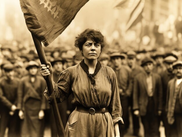 Foto colorida histórica de uma mulher liderando um protesto