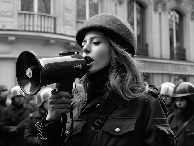 Foto foto colorida histórica de uma mulher liderando um protesto