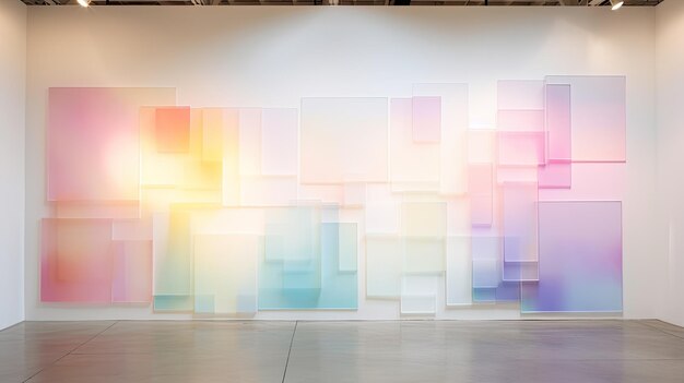Una foto de una colorida instalación de arte con telón de fondo de galería blanca