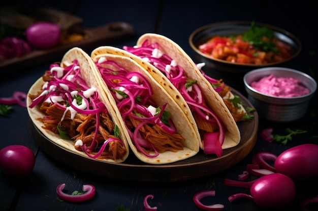 Una foto colorida de un plato de cochinita pibil con cebollas rojas encurtidas