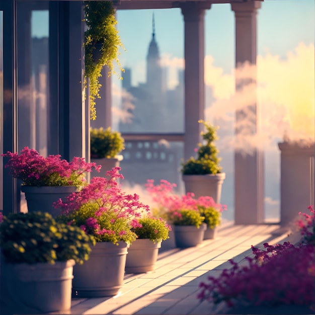 Foto de una colorida variedad de plantas en macetas en un porche soleado