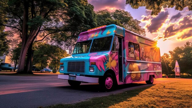 Una foto de un colorido camión de helados en un parque