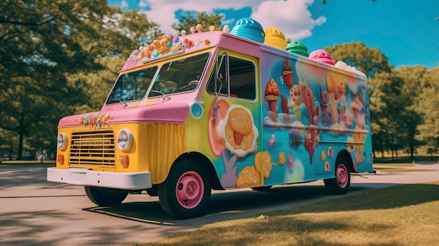 Una foto de un colorido camión de helados en un parque