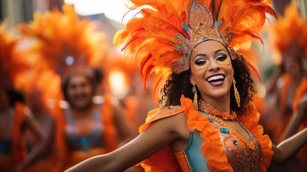 una foto de un colorido desfile con artistas en trajes anaranjados