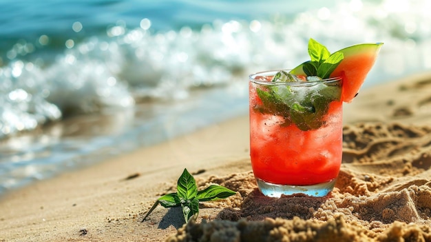 Foto una foto de un colorido mojito de sandía con hojas de menta y albahaca en la playa en la arena