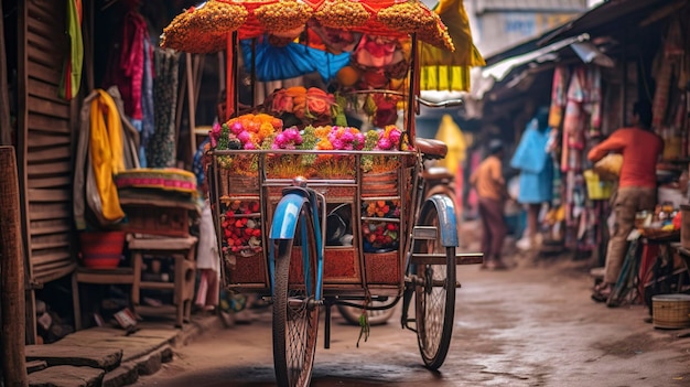 Una foto de un colorido rickshaw de bicicletas en un bullicioso mercado