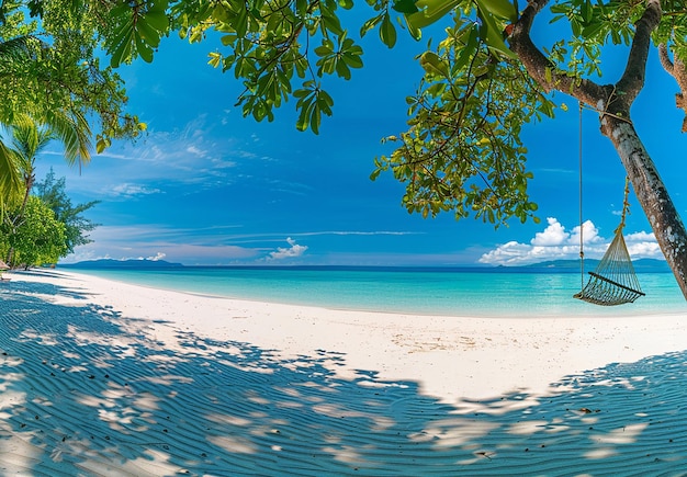 La foto de un columpio de hamaca está en una playa de verano con palmeras