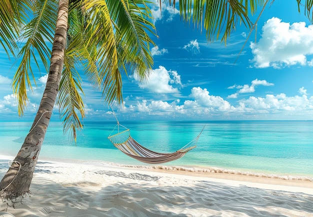 Foto la foto de un columpio de hamaca está en una playa de verano con palmeras