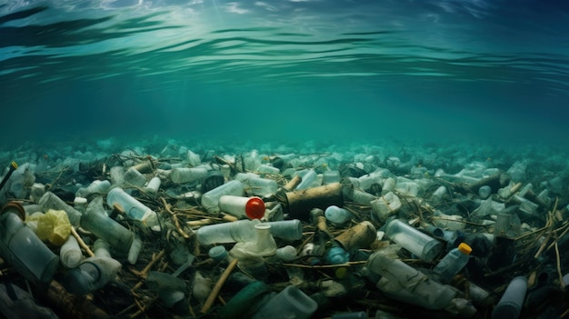 Foto foto com espaço de cópia debaixo do mar com uma pilha de lixo plástico foto de alta qualidade