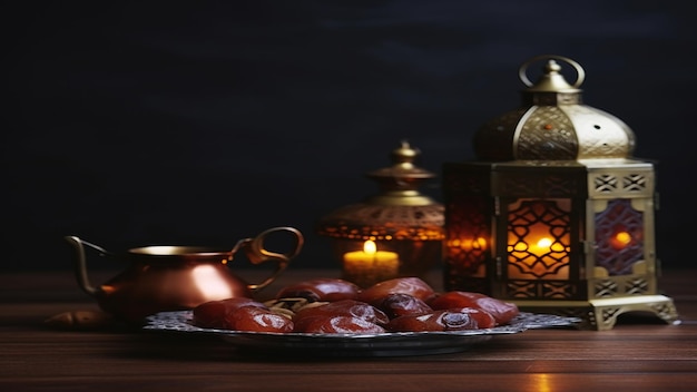 foto com o conceito de fotografia de natureza morta com o tema lanterna do Eid para o Eid Mubarak