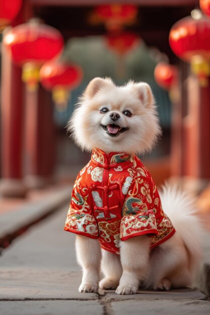 foto com um cão bonito de Pomerânia branca adornado com trajes tradicionais chineses