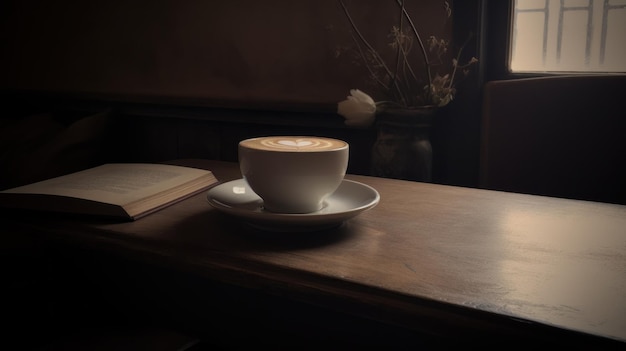 Foto com um livro e um café em primeiro plano