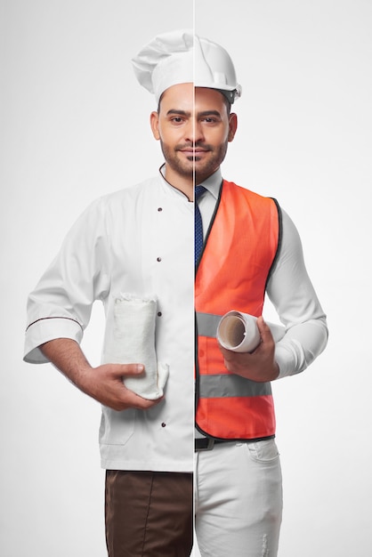 Foto combinada de un joven apuesto hispano vestido como un chef y un arquitecto profesional vistiendo chaleco de seguridad y casco con planos profesión ocupación hobby cocinar concepto de comida.