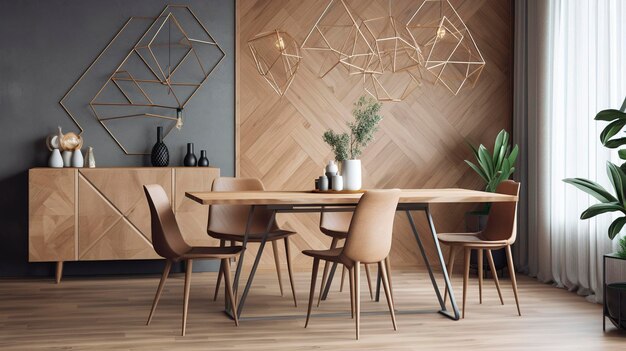 Una foto de un comedor minimalista con decoración geométrica