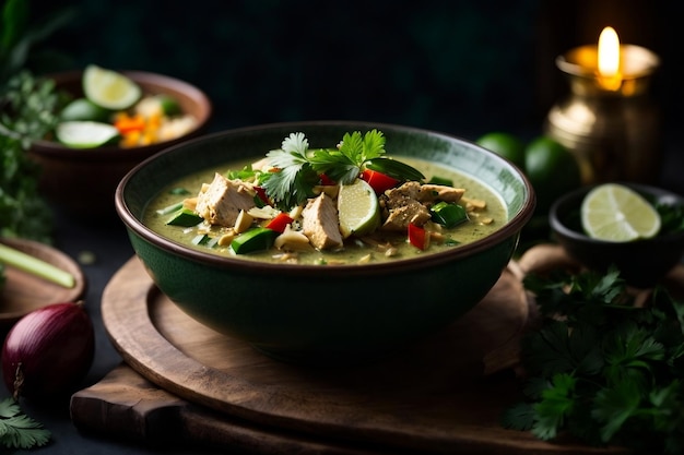 Foto comercial de comida indiana em um fundo escuro curry verde com arroz tradicional indiano