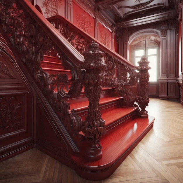 Foto comercial de las escaleras en el interior de la barandilla de madera tallada en rojo lacada realista
