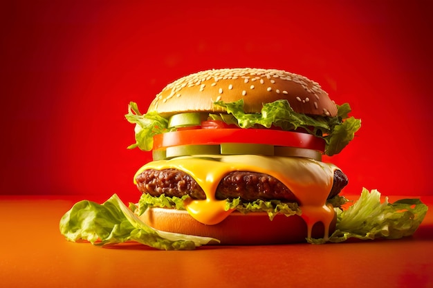 Foto comercial de hamburguesa con queso derretido y fondo rojo colorido Foto de estudio