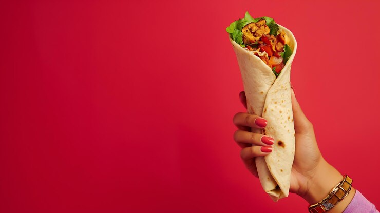 foto comercial una mano de mujer con una pulsera de oro y una manga de ropa deportiva de lila sosteniendo una envoltura de pollo desde la derecha fondo rojo ar 169 v 6 ID de trabajo e463d2dc1f1f465880ce0e25adce1ad9