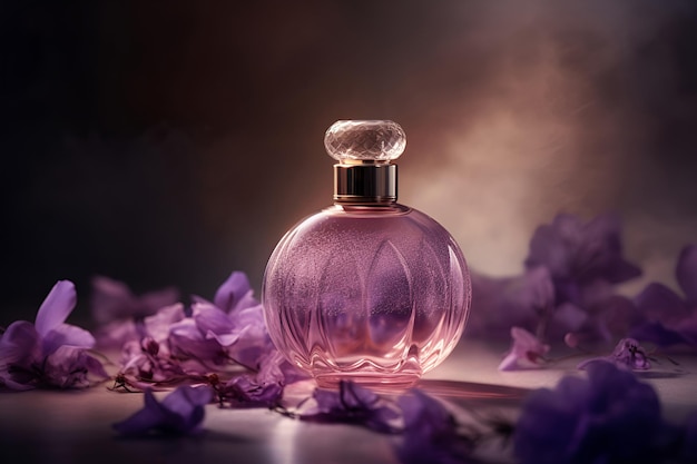 Foto comercial promocional de botella de perfume con flores violetas generada ai.