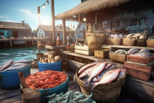 Una foto comercial realista de la IA generativa del mercado de pescado al aire libre