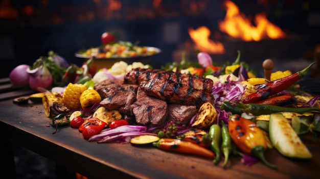 Una foto comercial vibrante de carnes perfectamente carbonizadas y coloridas verduras asadas.