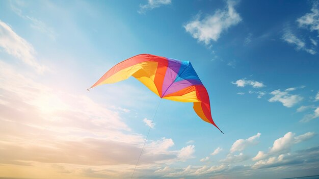 Una foto de una cometa colorida volando en el cielo.