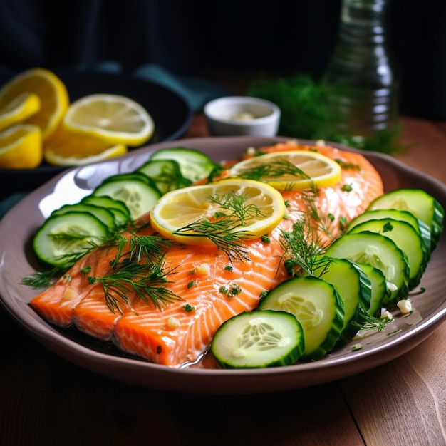 Foto foto de comida de cerca de salmón hervido con ensalada de pepino o