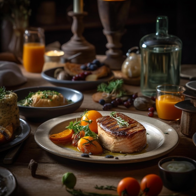 Foto foto de comida gourmet en una mesa en un restaurante foto realista