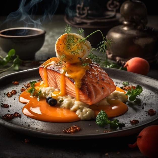 Foto de comida gourmet en una mesa en un restaurante Foto realista