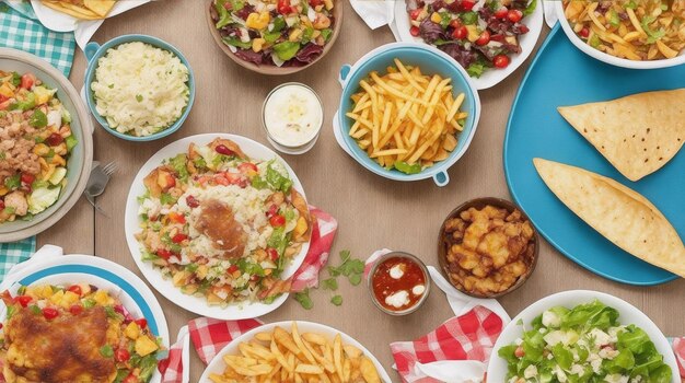 Foto comida grega salada grega souvlaki de frango giroscópios e fatias de batata assada