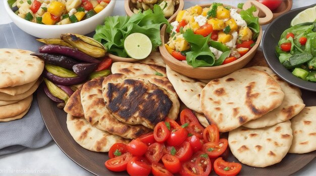 Foto comida griega ensalada griega pollo souvlaki giroscopios y gajos de patata al horno