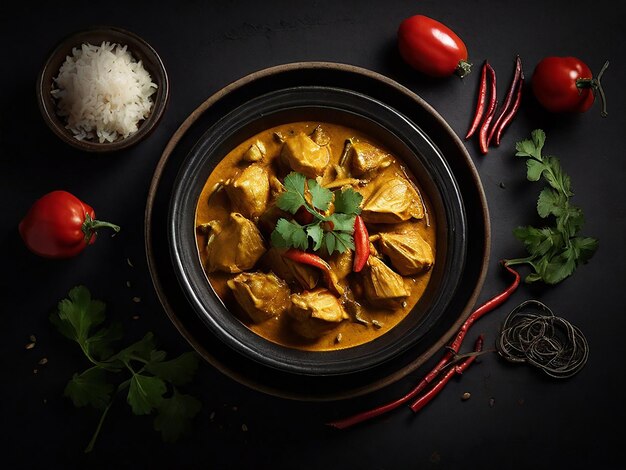 foto de comida relística de un plato de arroz, pollo y curry