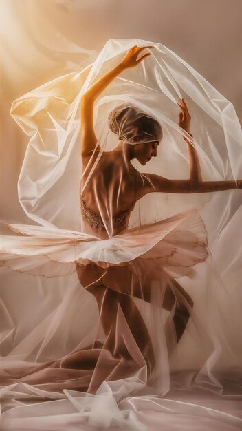 Foto como arte un baile sensual y emocional de la hermosa bailarina a través del velo