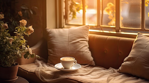 Una foto de un cómodo asiento de la ventana de un café a la luz suave de la tarde