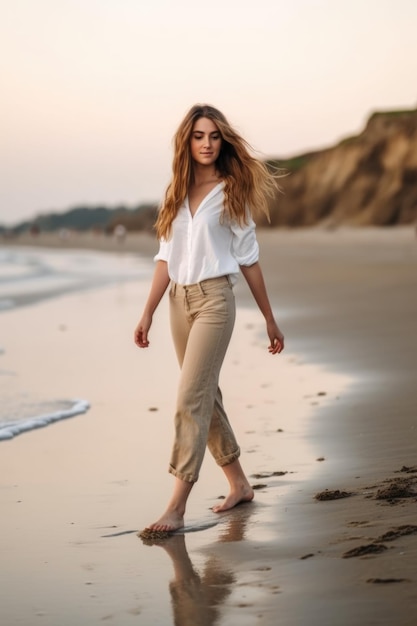 Foto completa de uma jovem atraente caminhando pela praia